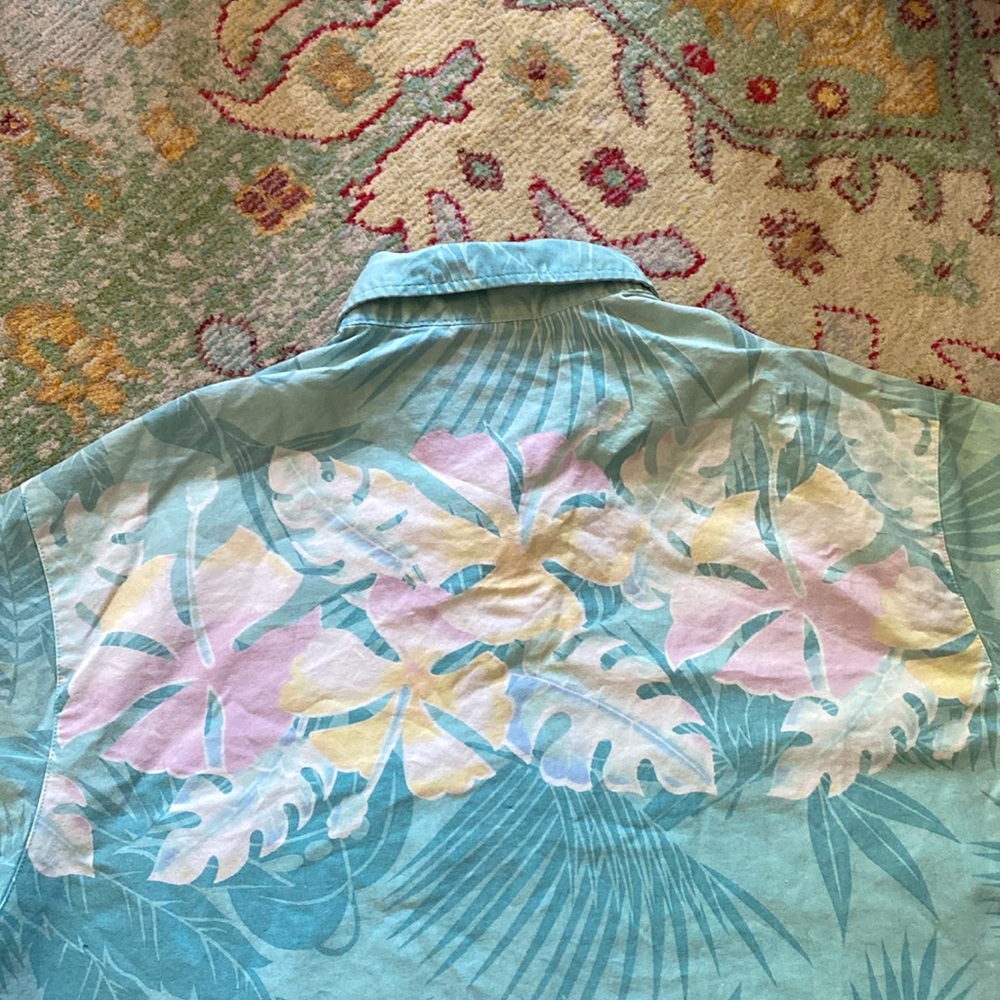 Men's Vintage Hawaiian Shirt Size Large Blue Pink Floral Aloha Palm Hibiscus 90s - Picture 7 of 7